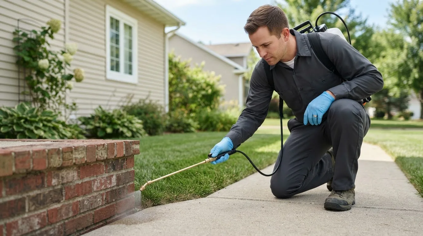 Pest control technician treating a home near Elrosa, MN